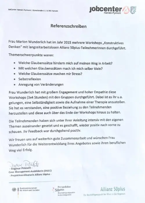 Marion Wunderlich Referenzschreiben Jobcenter 2015